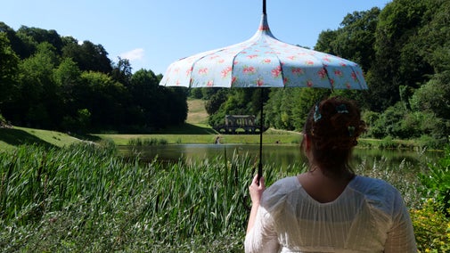 Visitor in Regency dress at Prior Park for Jane Austen Festival